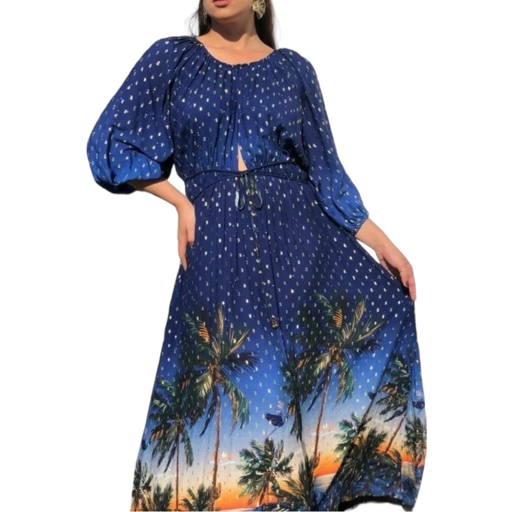 FARM Rio Blue Palm Tree Sunset Maxi Dress